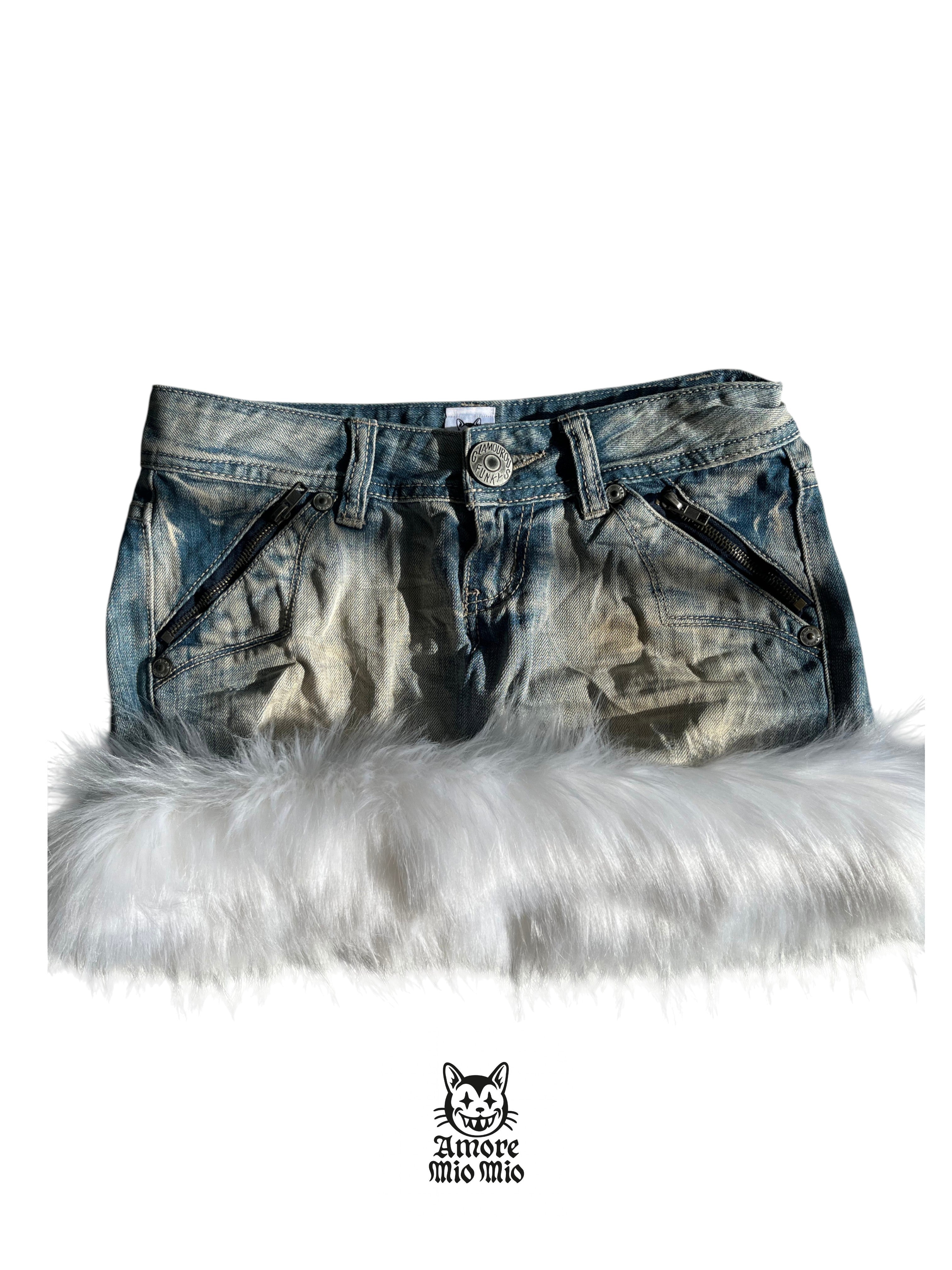 Low-Rise Denim Mini Skirt with Faux Fur