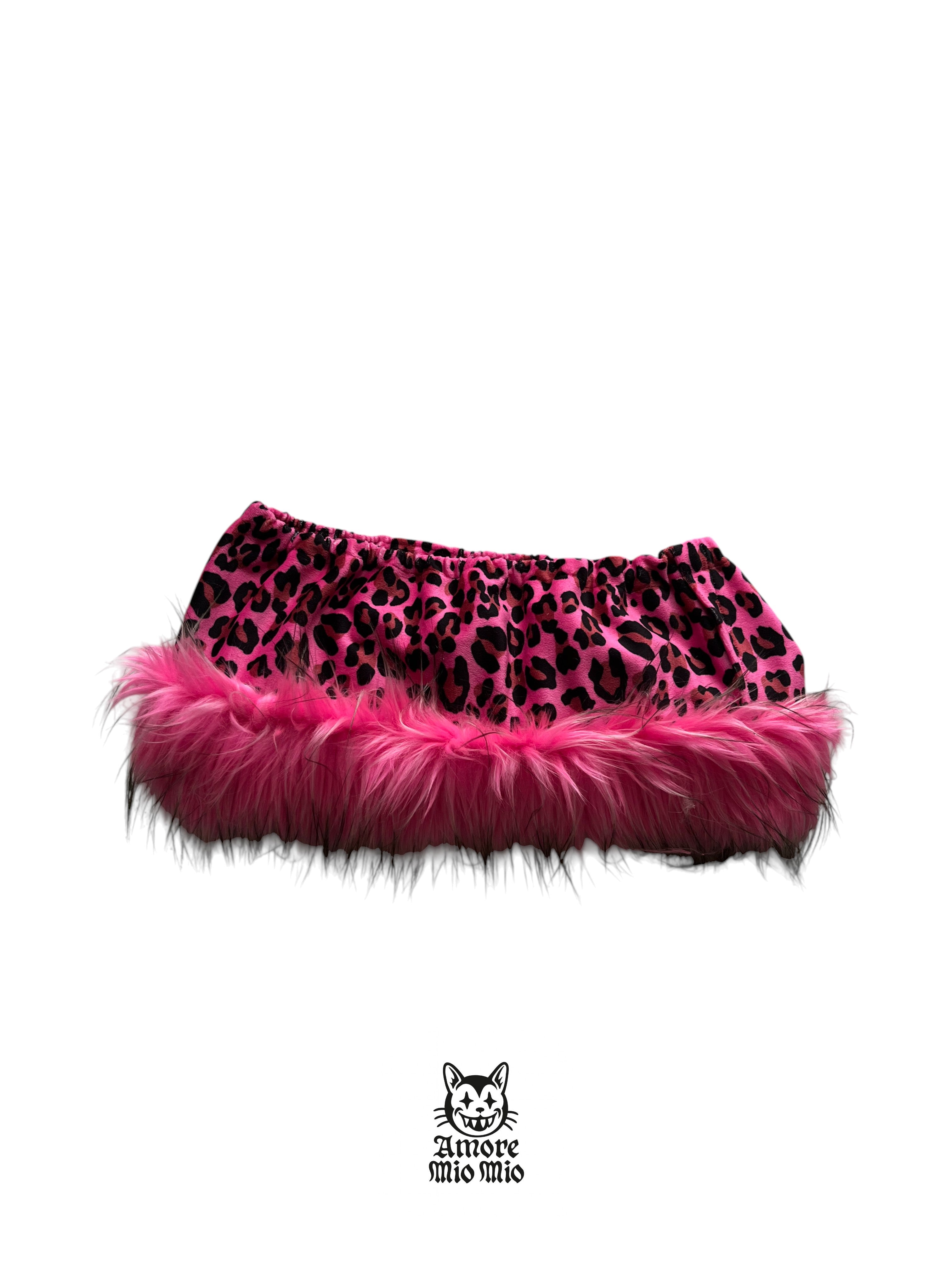 Pink Leopard Mini Skirt with Faux Fur Trim y2k