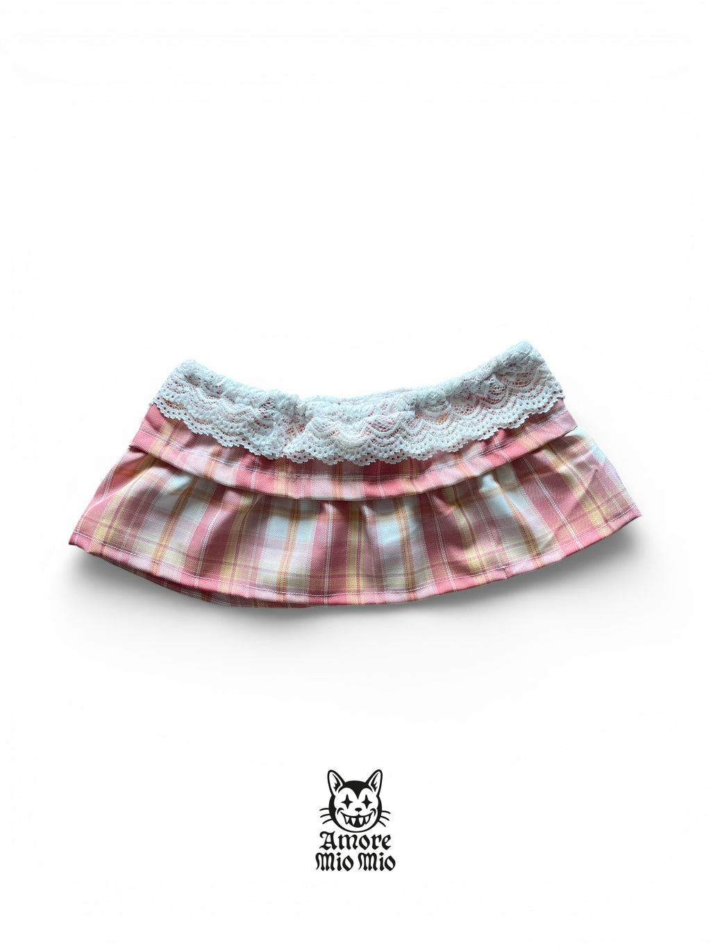 Mini falda Y2K de cuadros rosa con encaje blanco