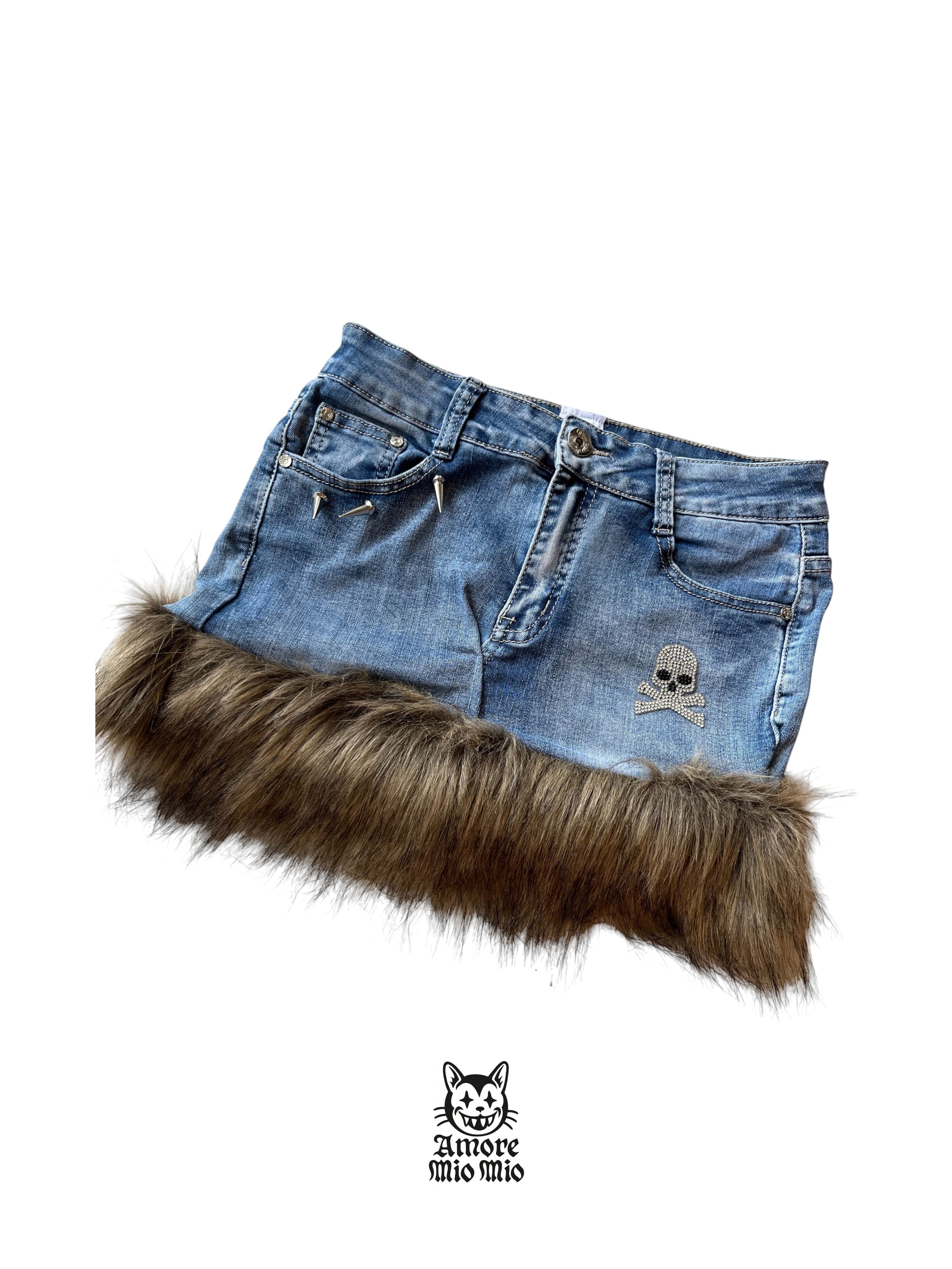 Fur Trim Denim Mini Skirt