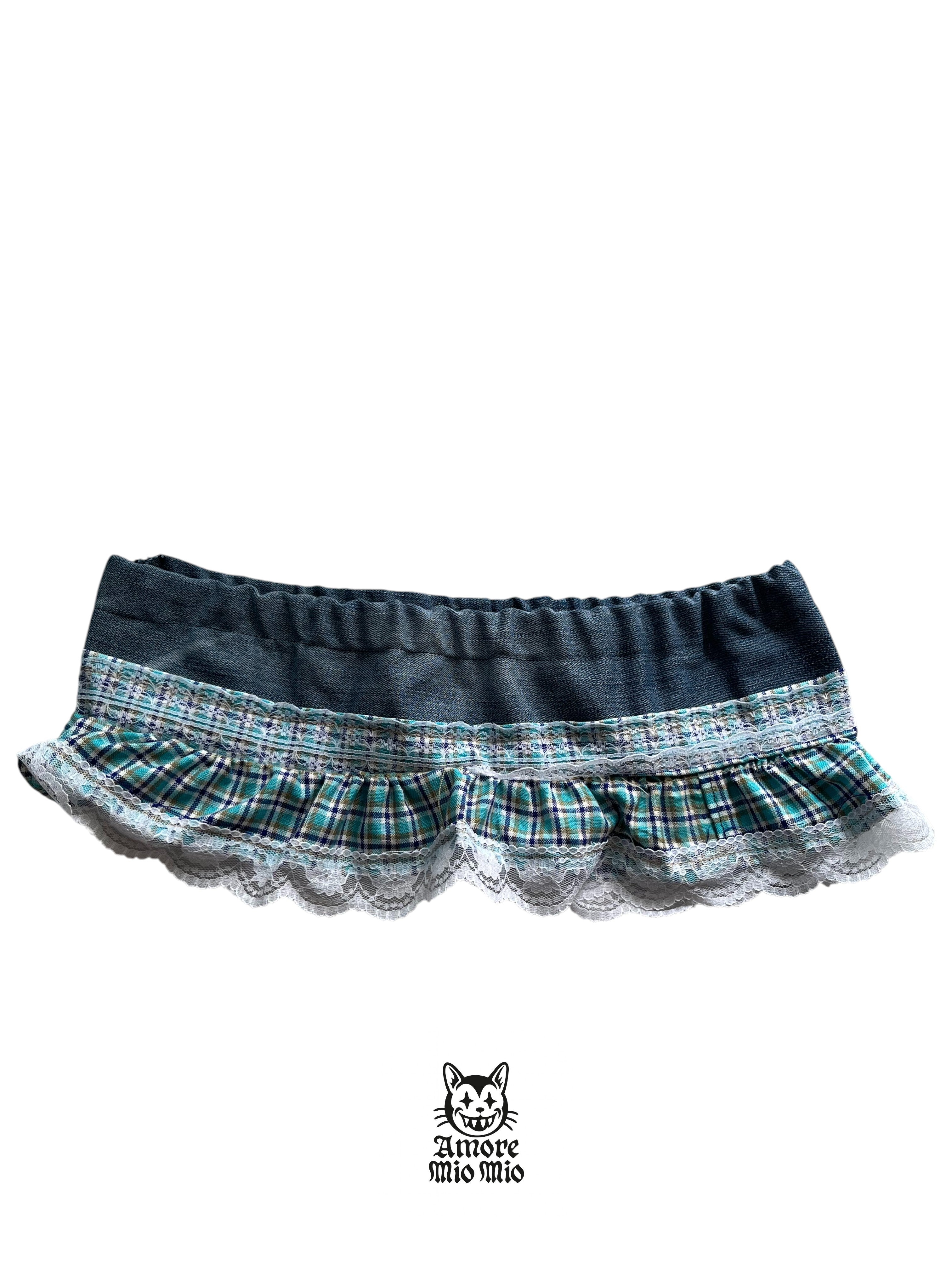 Denim Mini Skirt with Plaid Ruffle